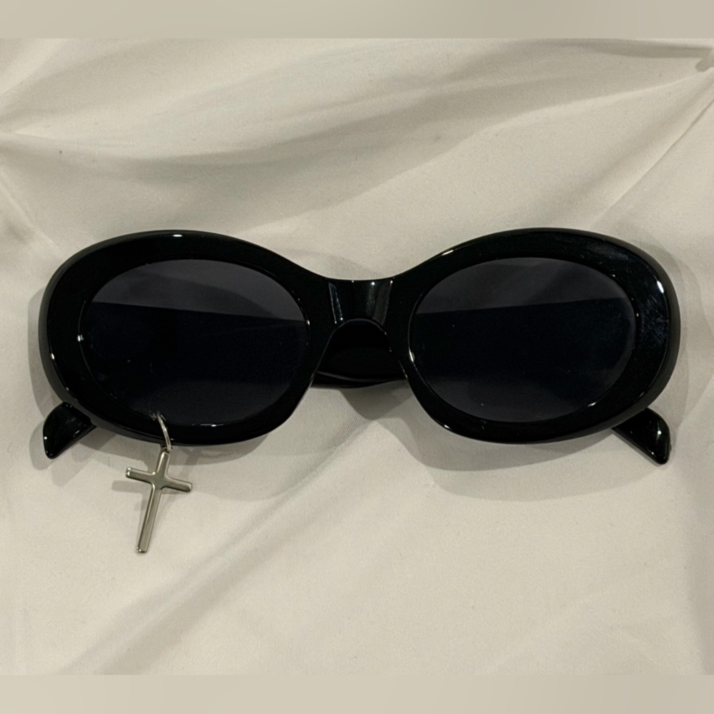 Black Oval Sunglasses with Silver Cross Charm